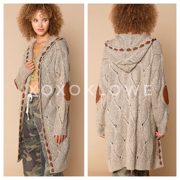 POL Sweaters - 1 L POL Hooded Cardigan Open Front Diamond Weave Faux Suede Detail
